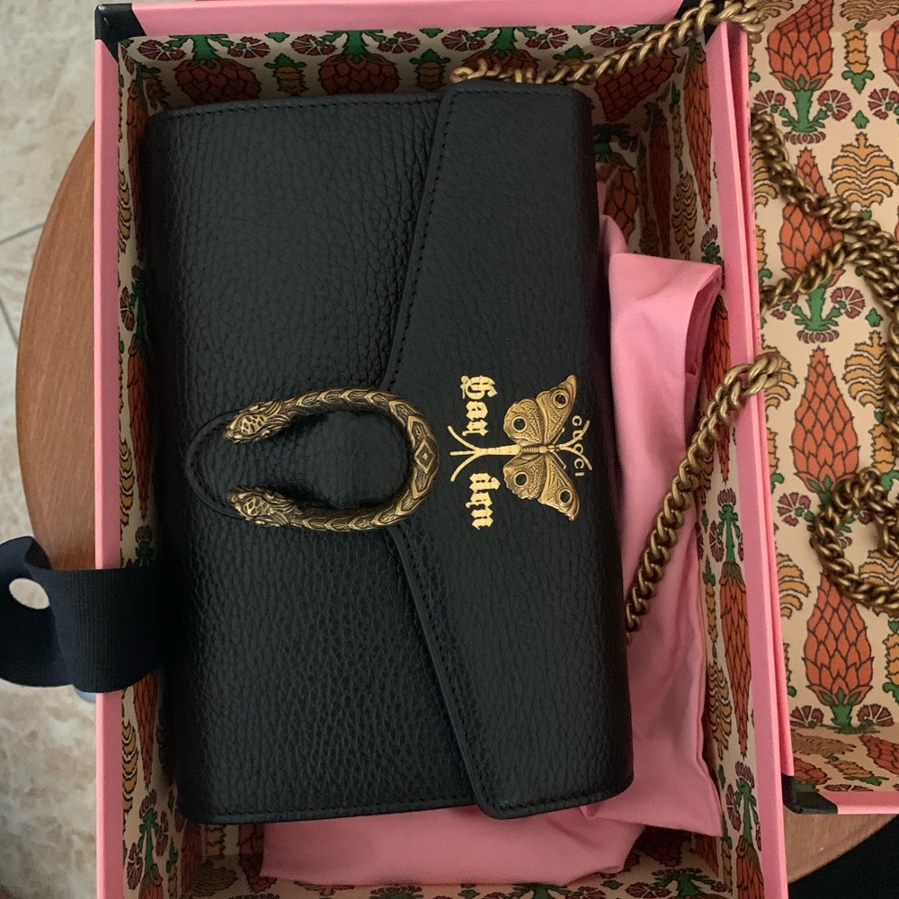 GUCCI Calfskin Garden Dionysus Chain Wallet Black (rare)